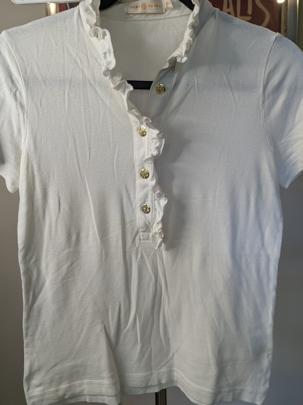 Tory Burch Women's XS White Lidia Ruffle Short Sleeve Polo Shirt EUC Gold
